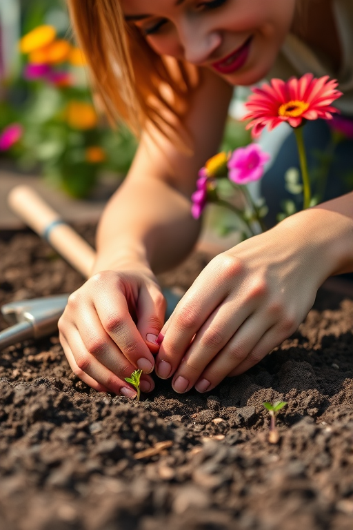 Close-up of a woman’s hands planting seeds in rich soil, surrounded by gardening tools, vibrant flowers blooming in the background, and sunlight illuminating her focused expression.