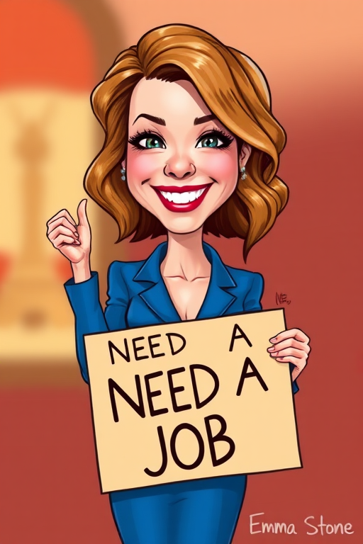caricature of a smiling Emma Stone in a Cobalt dress or suit, holding up a sign that says "NEED A JOB", no watermark,