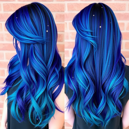 Mesmerizing galaxy-inspired hair color melding deep indigo, teal, and violet hues, styled by Nova Starlight, featuring a long shag cut with wispy bangs and star-shaped glitter accents scattered throughout
