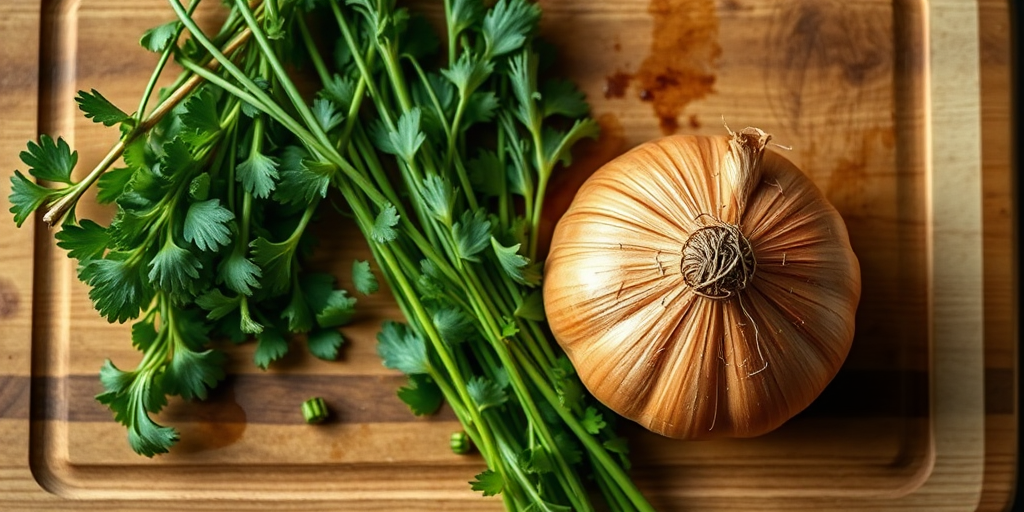 regenerate an image of fresh herbs and an onion on a wooden cutting board, captured with a Canon EOS R6 at f/2.8, 1/100 sec, ISO 200, top-down view, natural lighting, high resolution