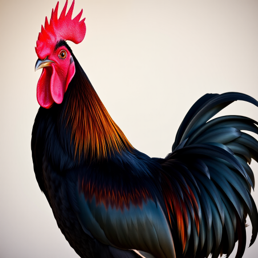 A vibrant black rooster with a red comb and wattles, detailed feathers, sharp claws, against a subtle gradient background, captured using a DSLR camera with a 50mm lens, f/2.8 aperture, ISO 100, in a portrait view with natural lighting to enhance color saturation and clarity.
