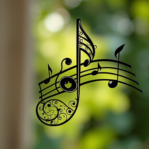 Create a high-resolution image of a stylized musical note with intricate designs, shot with a DSLR camera at f/2.8 aperture, ISO 100, 50mm lens, in a soft natural light setting.