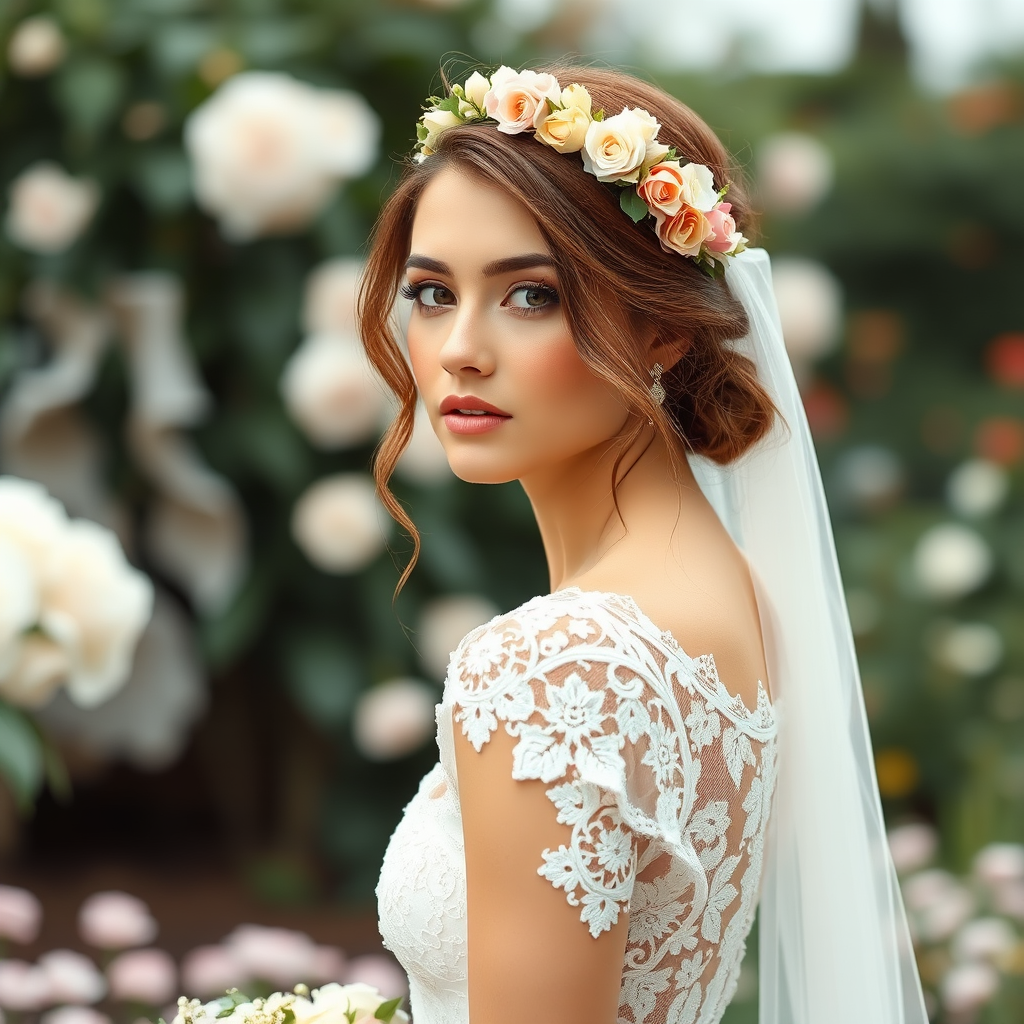garden scene, bridal model, delicate lace gown, floral headpiece, soft romantic focus, high-key lighting and an 85mm lens for soft, even tones that highlight the model’s face and bright outfit against a white or light background
