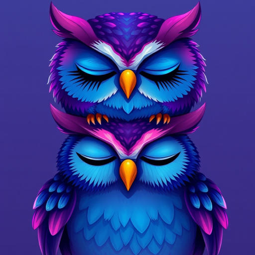 Create a vibrant and detailed illustration of two cartoon owls, one perched above the other, with deep purple and blue hues, eyes closed in a serene expression, using a digital painting style, captured from a front view with soft lighting, utilizing a high-resolution camera setting of 300 DPI for crisp detail.