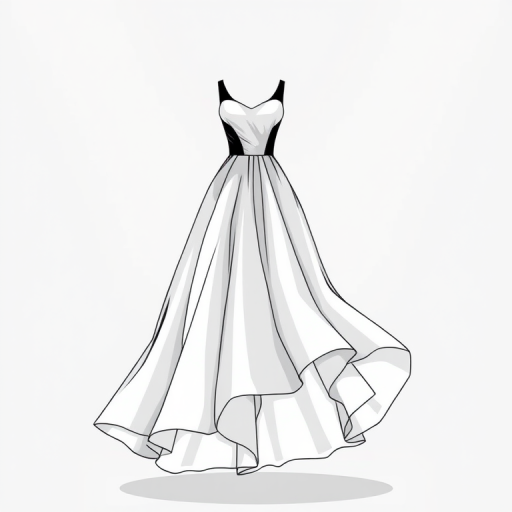 fashion illustration of a black and white dress with a flowing skirt, studio lighting, f/2.8 aperture, ISO 100, 50mm lens, shallow depth of field, high resolution image
