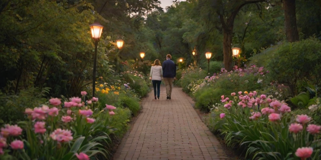Tranquil evening scene in a botanical garden, with soft lighting illuminating pathways, a couple strolling hand in hand, and fragrant flowers creating a romantic atmosphere.