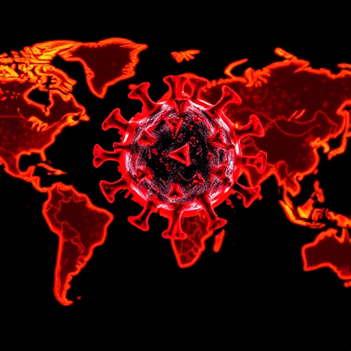 create a digital illustration of a stylized coronavirus overlaid on a glowing map of the world, using a high-resolution camera with a focal length of 35mm, aperture set to f/8 for sharpness, soft lighting to highlight the virus details, and a digital art style for vibrant color enhancement