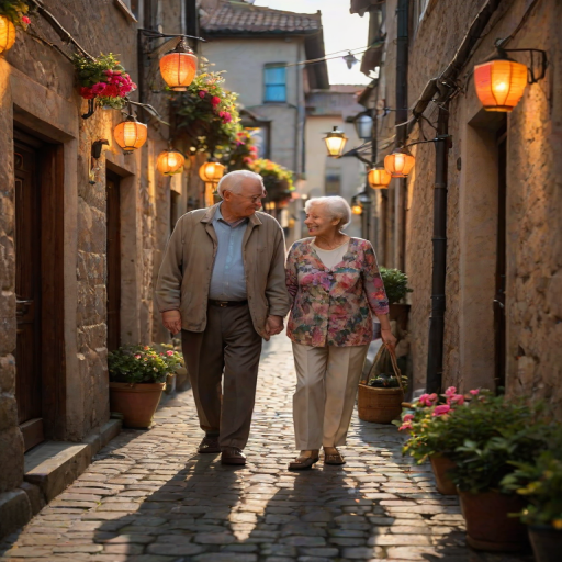 Softly focused image of an elderly couple walking hand-in-hand down a narrow cobblestone street, the warm light from nearby lanterns casting long shadows, with vibrant flowers hanging from nearby balconies.