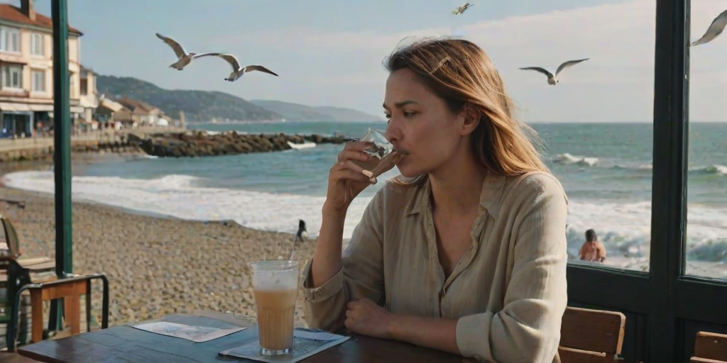 Woman sitting at a cafe in a coastal town, the distant sound of waves crashing, as she sips a cold drink and watches seagulls fly overhead.