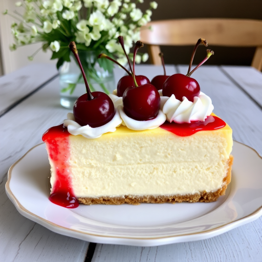 A beautifully sliced piece of creamy cheesecake topped with whipped cream and cherries, served on a delicate plate, with a rustic wooden table in the background and a vase of delicate white flowers.