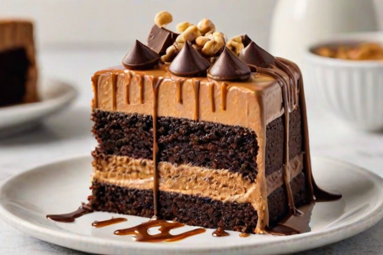 Create an image of a slice of layered chocolate cake with a rich frosting, showcasing multiple layers of moist chocolate sponge and creamy peanut butter frosting. The top should be adorned with chocolate candy pieces and a drizzle of caramel sauce, served on a white plate with a blurred background of more cake slices.