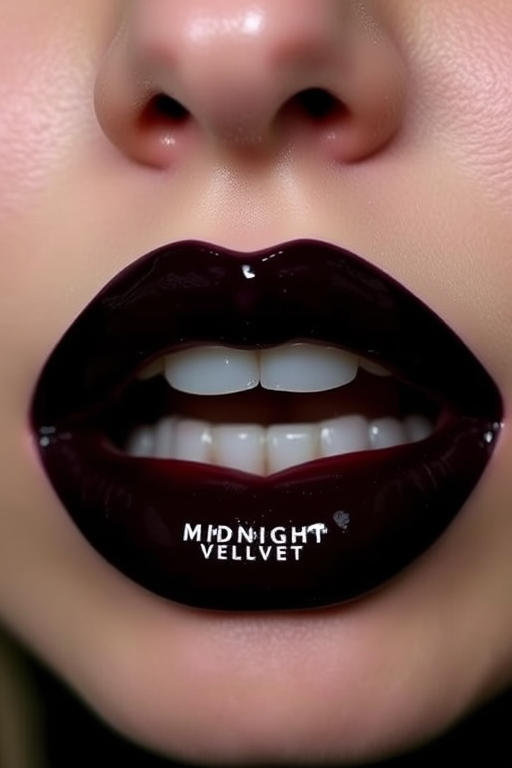 Glossy black cherry lips dubbed "Midnight Velvet" offer a deep, sultry look with a high-shine finish, ideal for gothic and edgy fashion enthusiasts