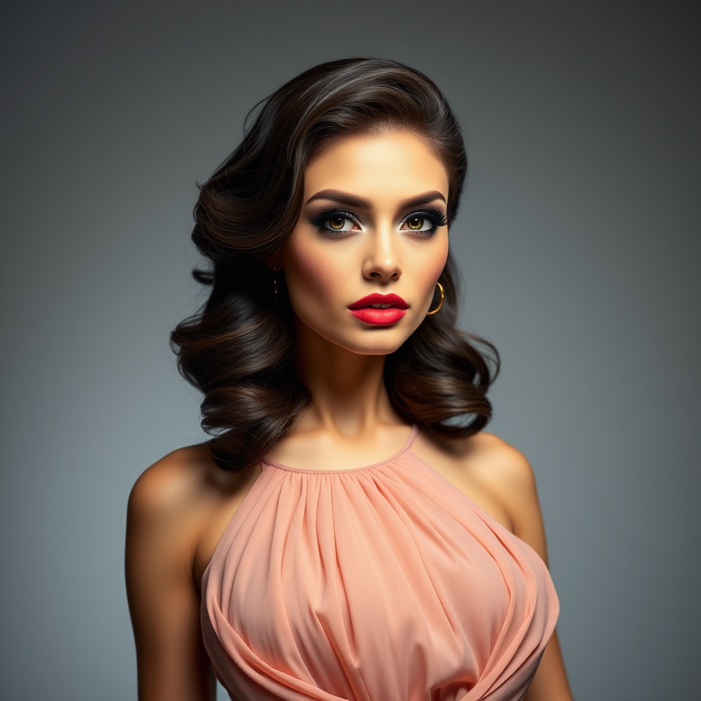 Studio portrait, female model, elegant couture dress, bold makeup, dramatic lighting, Utilize a 50mm portrait lens for crisp details and a soft background blur, 8k