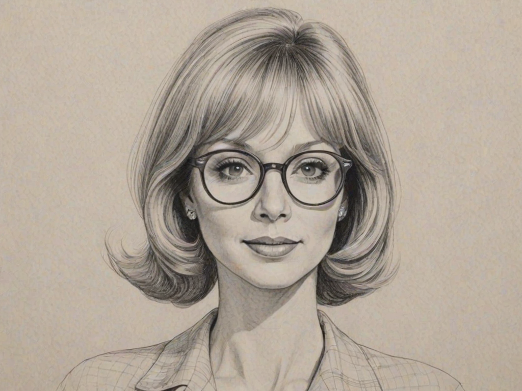Elegant Shelley Long, pencil sketch, portrait of Attractive woman 1967s in glasses, hair style beatnik, outline, clear lines, fine lines, 8k