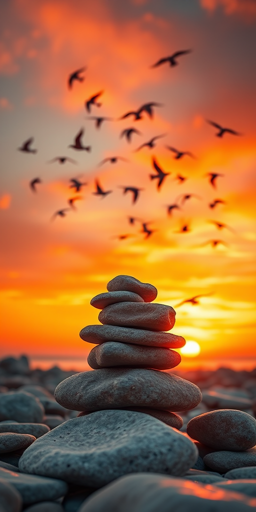 Create a serene sunset scene with a stack of smooth stones in the foreground and a flock of birds flying against a vibrant orange sky, using a DSLR camera, 50mm lens, f/8 aperture, ISO 200, and a warm color filter to enhance the hues.