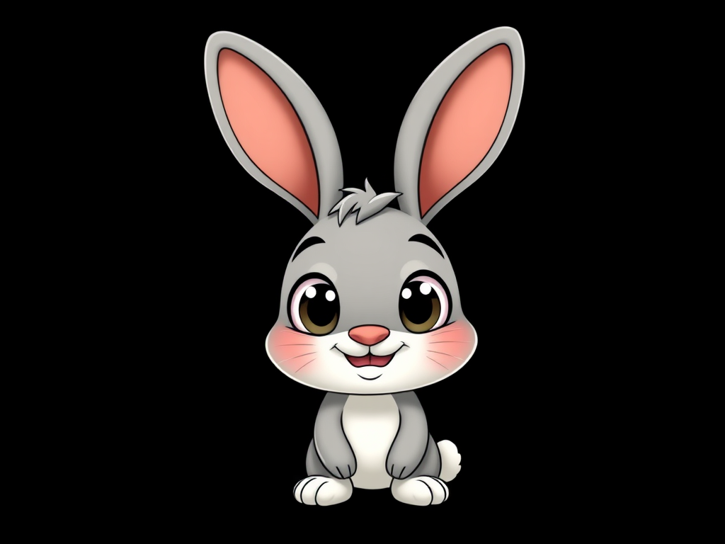 Create a cute cartoon rabbit character with large expressive eyes and a happy expression, set against a plain black background, using a Canon EOS 5D Mark IV camera with a 50mm f/1.8 lens, aperture set to f/2.8, ISO 100, and a shallow depth of field for enhanced focus on the character.