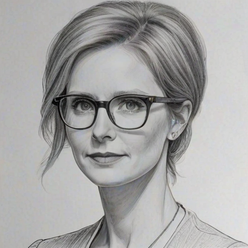 Magnificent Cynthia Nixon, pencil sketch, portrait of Enchanting woman 1976s in glasses, hair style beatnik, outline, clear lines, fine lines, 8k