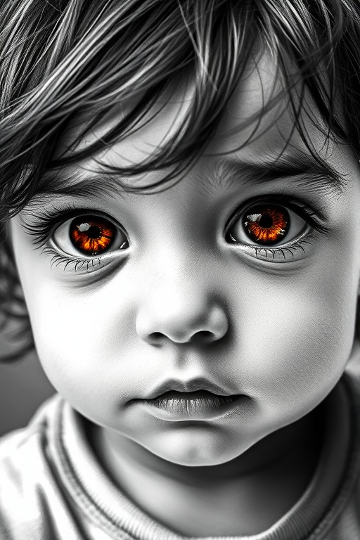 A hyperdetailed photorealistic black and white sketch of a beautiful toddler with deep orange eyes, with a macro focus