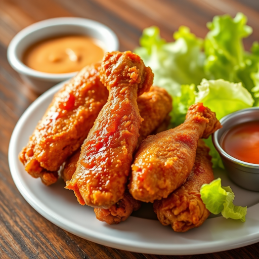 a plate of fried chicken wings with a side of lettuce and dipping sauce, taken with a Canon EOS 5D Mark IV at f/2.8, ISO 100, 1/125 sec, in a close-up view with natural lighting for vibrant colors and sharp details