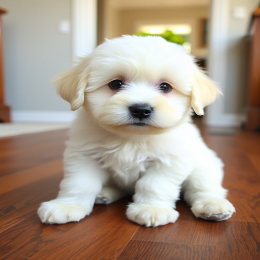 A fluffy white puppy sitting on a wooden floor with a curious expression and big black eyes in a cozy indoor environment