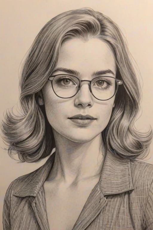 Bewitching Willa Fitzgerald, pencil sketch, portrait of Beauteous woman 1971s in glasses, hair style beatnik, outline, clear lines, fine lines, 8k