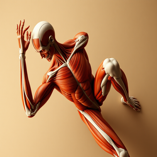 create a highly detailed anatomical illustration of a human figure in a dynamic pose, showcasing muscle structure, shot with a Canon EOS R5 at 50mm, f/2.8, ISO 100, top-down view, using studio lighting for enhanced contrast and clarity.