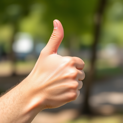 thumbs up gesture with a blurred background, natural lighting, 50mm lens, aperture f/2.8, ISO 100, shutter speed 1/200s, taken with a DSLR camera.