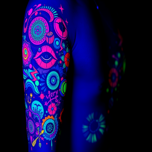Psychedelic UV blacklight tattoo entitled "Neon Dreamscape" featuring a vibrant abstract composition of swirling patterns geometric shapes and surreal imagery rendered in specialized UV-reactive inks that appear as subtle pastel hues in normal lighting but transform into a kaleidoscope of fluorescent colors under blacklight creating a mesmerizing visual spectacle that seems to come alive in the dark