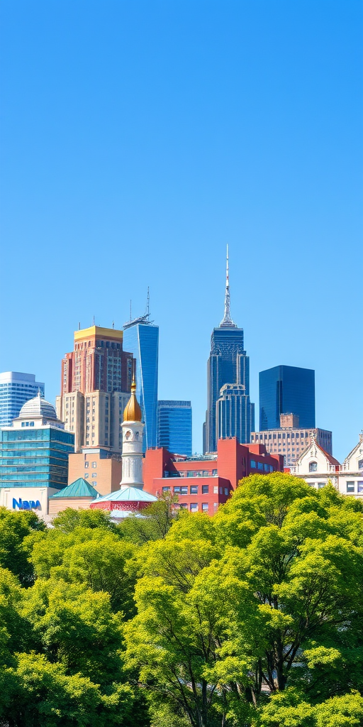 Create a vibrant and detailed city skyline illustration with a mix of modern and classic architectural styles, featuring colorful buildings, lush green trees in the foreground, set against a clear blue sky, captured using a DSLR camera at f/8 aperture, ISO 100, 50mm lens, high-quality vector style.