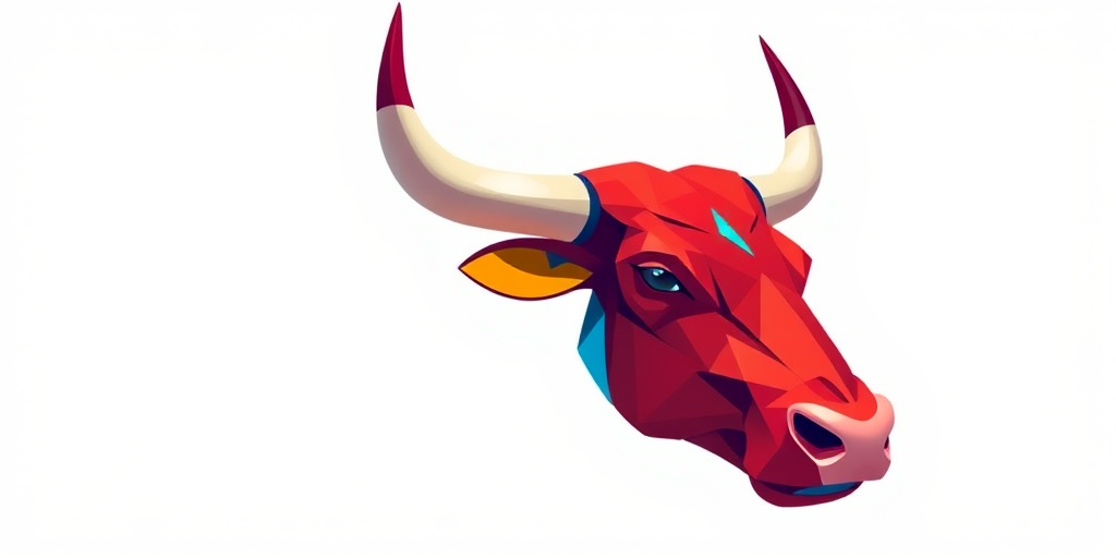Create a high-resolution illustration of a stylized red bull's head with colorful geometric accents, using a DSLR camera with a 50mm lens, f/2.8 aperture, and 1/125s shutter speed, captured in a soft-focus studio setting with even lighting.