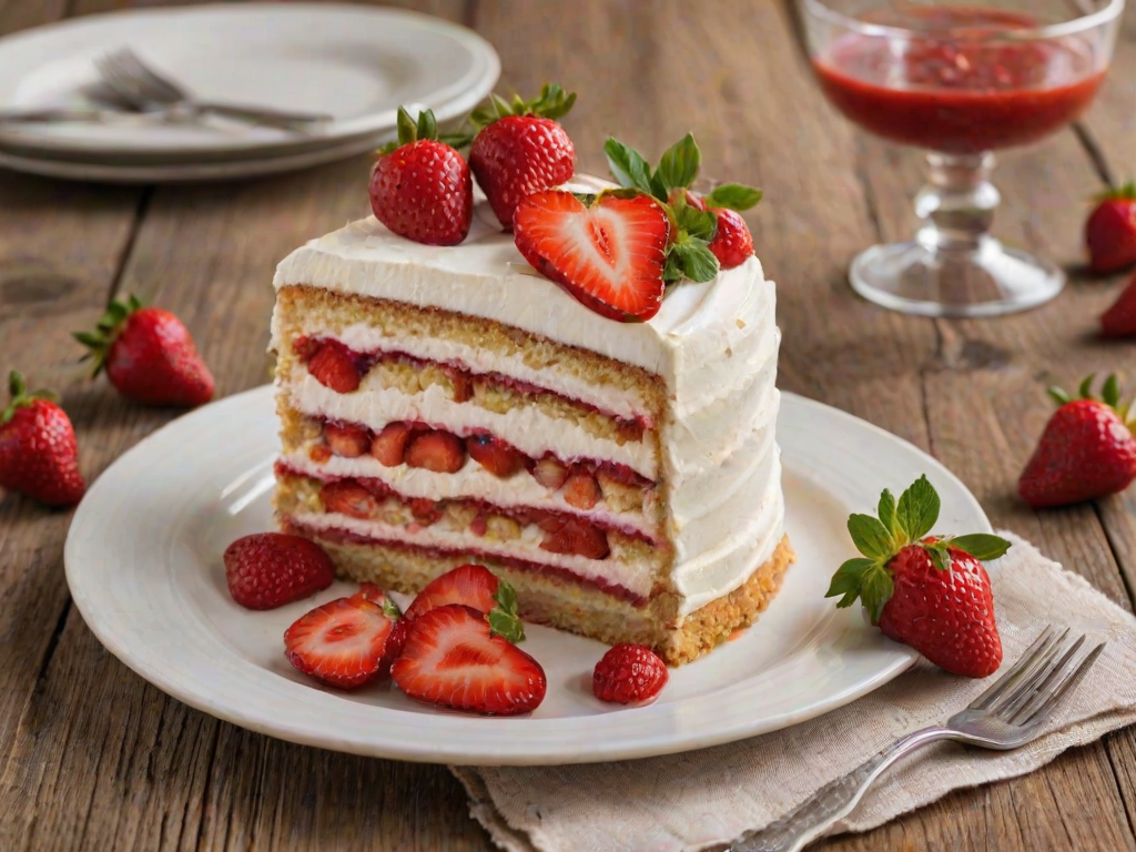 Create an image of a layered dessert featuring strawberries. The dessert should have a creamy texture with visible layers of cake and a strawberry topping. Include fresh strawberries on the side and place the dessert on a light-colored plate. The background should be a rustic wooden table.