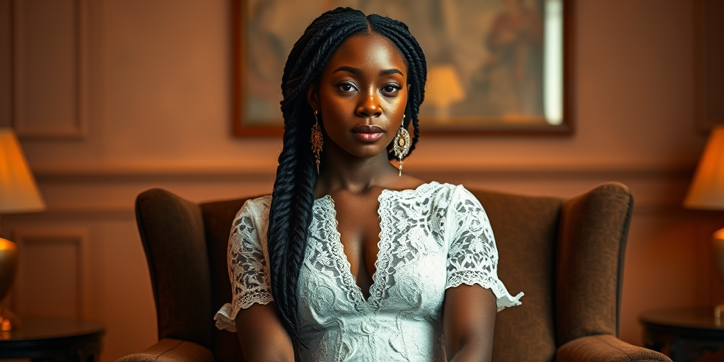 Create a portrait of a refined and elegant Cape Verdean woman seated in a sophisticated setting. She has long, wavy hair styled in two thick braids that are pulled over her shoulders. She wears a white, lace gown with intricate patterns, featuring a deep V-neckline and short sleeves. The dress exudes a vintage charm with its delicate lacework. She is adorned with ornate, dangling earrings that add a touch of glamour to her appearance. The background is softly lit, with warm, ambient lighting that creates a cozy and inviting atmosphere. Her expression is poised and serene, capturing a sense of grace and elegance.