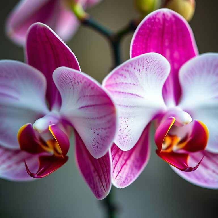 High-resolution macro shot of three vibrant orchids with rich maroon and white petals, soft natural lighting, f-stop 2.8 for shallow depth of field, ISO 100, 1/200 sec shutter speed, taken with a Canon EOS 5D Mark IV, using a 100mm macro lens.