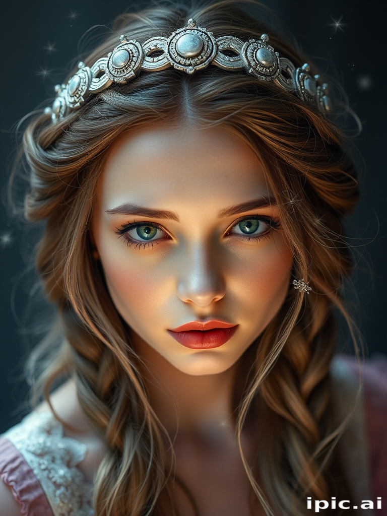 Mystical moonlight silver halo braid crown with ethereal wisps framing the face, adorned with delicate celestial hair accessories