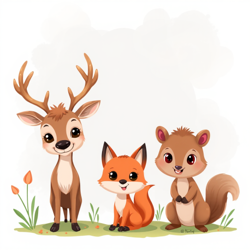 Create a vibrant illustration of a cartoon deer with antlers, a playful fox with a bushy tail, and a cute squirrel with large eyes, using a digital drawing style, with soft colors and simple backgrounds, captured with a Canon EOS R5, 85mm lens, f/4 aperture, and natural lighting.