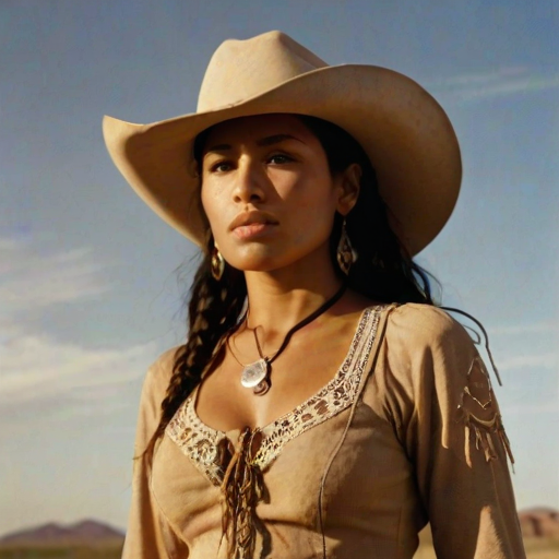 Dramatic photo of a beautiful taino woman, classic cowboy attire, confident and free spirit expression, half-length portrait, centered, golden hour desert landscape, warm, diffused light, low angle, medium format film camera, in style of Annie Leibovitz.