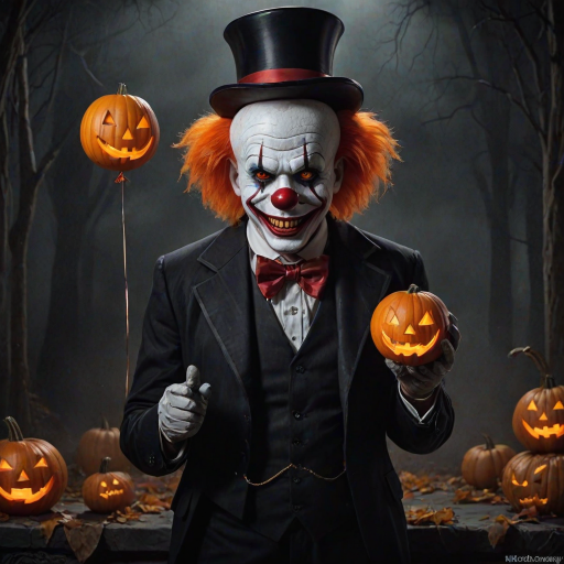 Illustrate a sinister clown with bright orange hair and a dark, menacing smile. The clown is holding a spooky jack-o'-lantern balloon and a carved pumpkin. Dress the clown in a formal suit with a large red bow tie to enhance the eerie Halloween ambiance. Aim for a chilling, unsettling style that captures the essence of Halloween horror.