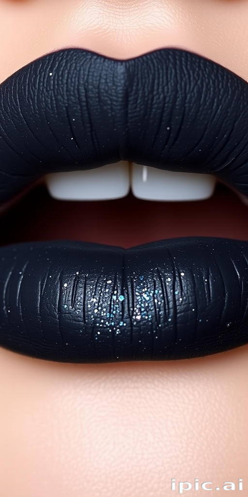 Matte charcoal grey lips with silver micro-glitter, titled "Starry Night," provide an edgy, dramatic look with a comfortable, long-lasting formula