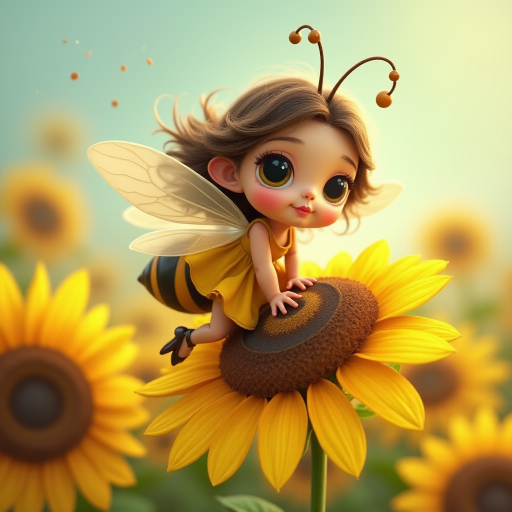 a whimsical cute girl with big eyes, big hair and flowing dress, riding astride a bumble bee, and flying across the top of the sunflower, which are just waking up, and catching dew drop of rain