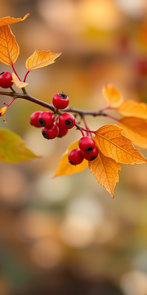 Capture a close-up of a branch with red berries and autumn leaves using a Canon EOS 5D Mark IV with a 50mm f/1.8 lens, aperture set to f/2.8, ISO 100, and a shutter speed of 1/200 sec in natural light for enhanced detail and color vibrancy.