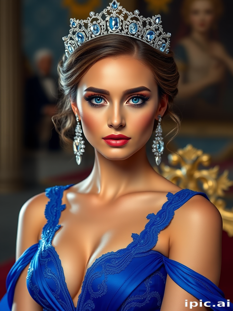 A gorgeous woman in a luxurious blue gown, accessorized with a dazzling tiara and statement earrings, her deep blue eyes highlighted by impeccable makeup, poised in a royal setting, photorealistic, 8K quality