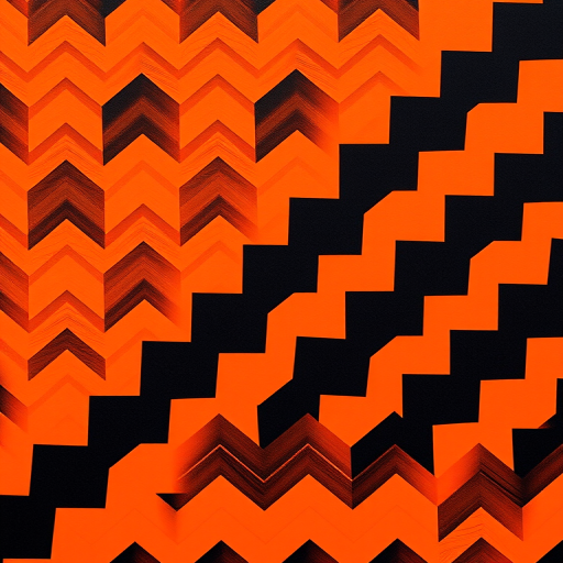 Generate an image of a repeating zigzag pattern with bold black and bright orange colors, using a DSLR camera with a 50mm lens, aperture set to f/8, ISO 100, shot from a top-down view, in high dynamic range (HDR) style for enhanced color vibrancy and detail.