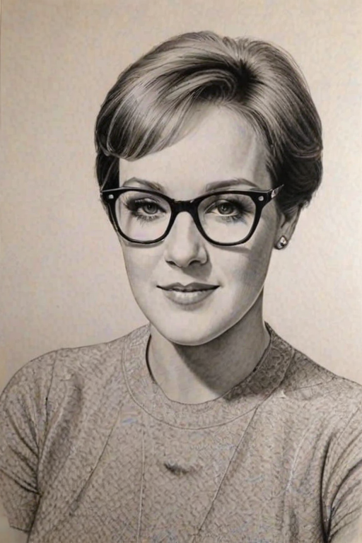 Lovely Julie Andrews, pencil sketch, portrait of Fascinating woman 1979s in glasses, hair style beatnik, outline, clear lines, fine lines, 8k