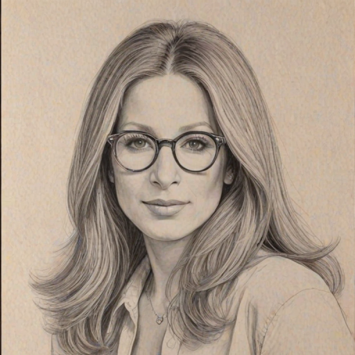 Comely Barbra Streisand, pencil sketch, portrait of Appealing woman 1974s in glasses, hair style beatnik, outline, clear lines, fine lines, 8k