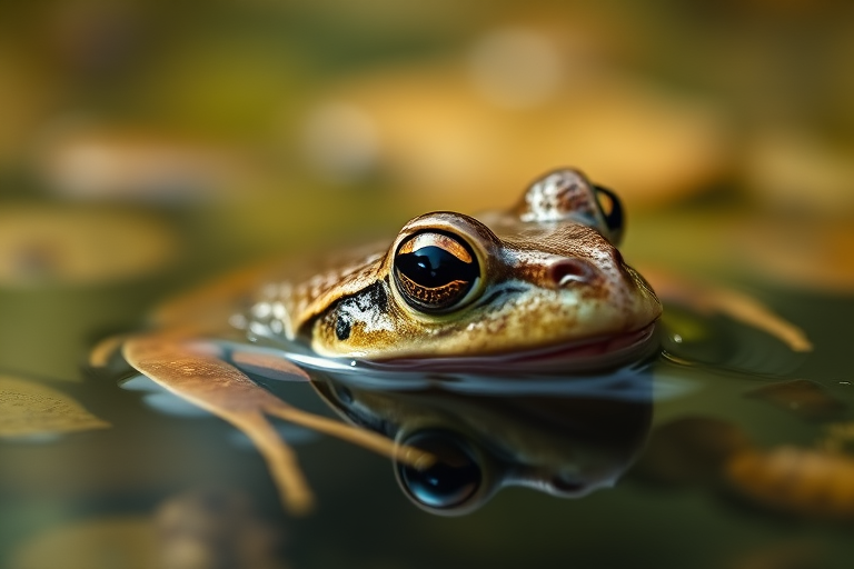 capture a close-up of a frog partially submerged in water with soft focus background, natural lighting, aperture f/2.8, ISO 100, shutter speed 1/200s, macro lens, DSLR camera
