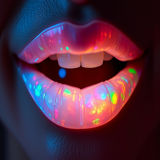 Fascinating image of holographic opal lips shifting colors in the light, capturing an otherworldly and mesmerizing effect in high definition