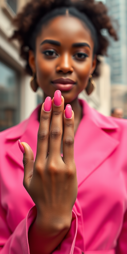 A portrait of a woman in a vibrant pink outfit showing her long pink nails, background featuring blurred urban architecture, captured with a Canon EOS R5 at f/2.8, ISO 100, 50mm lens, natural light, focus on the hand in the foreground.