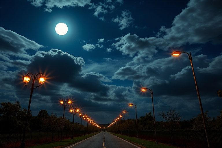 Create a serene night scene featuring a moonlit sky with dramatic clouds, flanked by stylized street lamps along a pathway, captured with a DSLR camera using a wide-angle lens, aperture f/2.8, ISO 200, shutter speed 1/60s, in high dynamic range to enhance the color and detail.