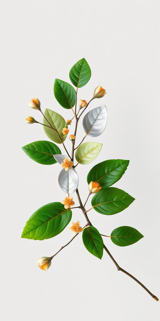 Regenerate an image of a stylized plant branch with green, silver, and gold leaves and flowers, using a DSLR camera with a 50mm lens at f/2.8 aperture, shot from a top-down view with soft diffuse lighting to enhance the vibrancy and detail of the leaves.