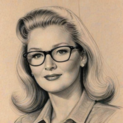 Lovely Diane Ladd, pencil sketch, portrait of Appealing woman 1941s in glasses, hair style beatnik, outline, clear lines, fine lines, 8k